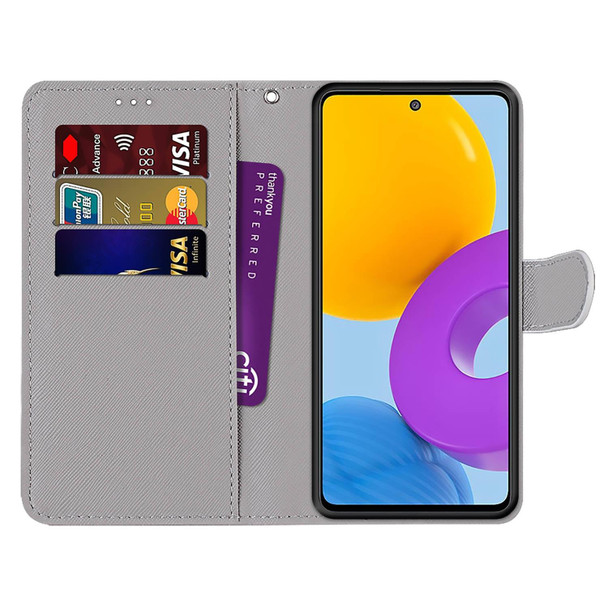 Samsung Galaxy M52 5G Coloured Drawing Cross Texture Horizontal Flip PU Phone Leather Case with Holder & Card Slots & Wallet & Lanyard(Colorful Layer(Golden Chain Grey Cat)