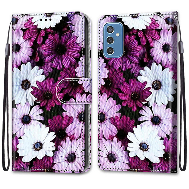 Samsung Galaxy M52 5G Coloured Drawing Cross Texture Horizontal Flip PU Phone Leather Case with Holder & Card Slots & Wallet & Lanyard(Colorful Layer(Chrysanthemum Pink White Purple)