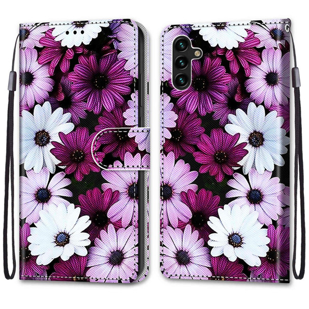 Samsung Galaxy A13 5G Coloured Drawing Cross Texture Horizontal Flip PU Phone Leather Case with Holder & Card Slots & Wallet & Lanyard(Colorful Layer(Chrysanthemum Pink White Purple)