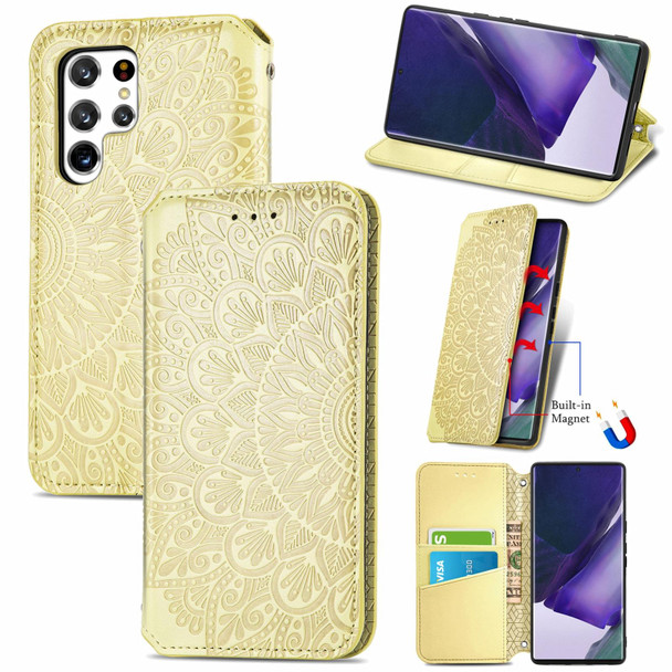 Samsung Galaxy S22 Ultra 5G Blooming Mandala Embossed Magnetic Horizontal Flip Leather Case with Holder & Card Slots & Wallet(Yellow)