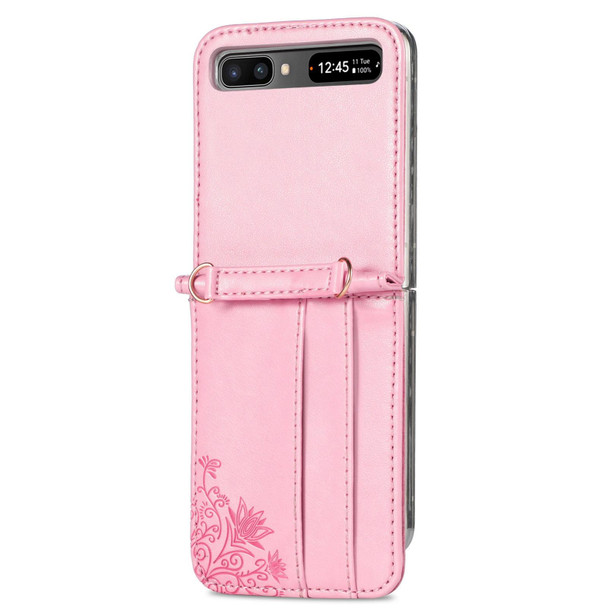 Samsung Galaxy Z Flip 5G Diagonal Lanyard Embossed Card Phone Case(Pink)