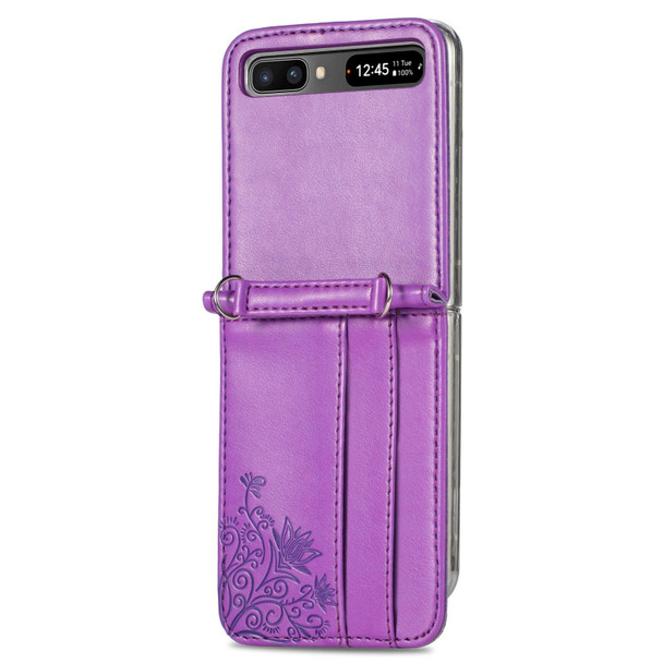 Samsung Galaxy Z Flip 5G Diagonal Lanyard Embossed Card Phone Case(Purple)