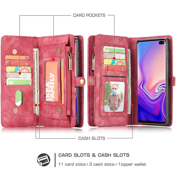 CaseMe Detachable Multifunctional Horizontal Flip Leatherette Case for Galaxy S10, with Card Slot & Holder & Zipper Wallet & Photo Frame (Red)