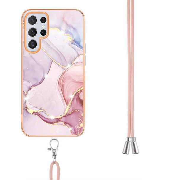 Samsung Galaxy S22 Ultra 5G Electroplating Marble IMD TPU Phone Case with Lanyard(Rose Gold 005)