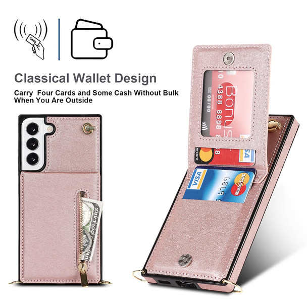 Samsung Galaxy S22 5G Cross-body Square Zipper Card Holder Bag Phone Case(Rose Gold)