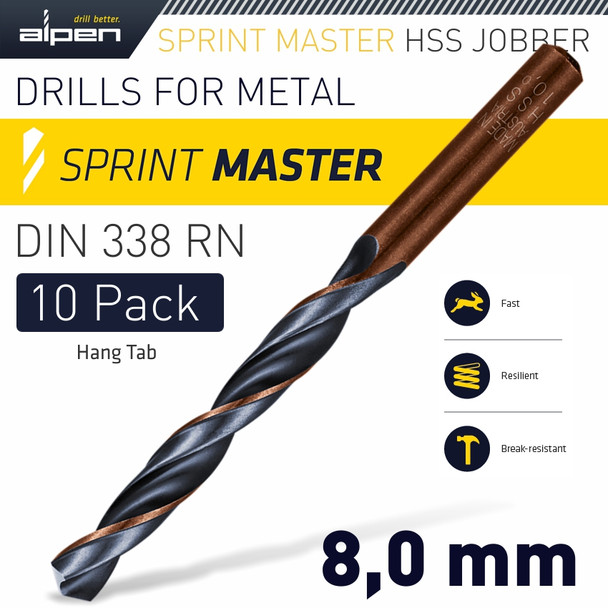 HSS SPRINT MASTER 8.0MM 10-PACK HANG TAG DIN 338 ALPEN DRILL BITS