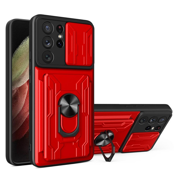Samsung Galaxy S21 Ultra 5G Camera Cover Phone Case with Card Slot & Holder(Red)
