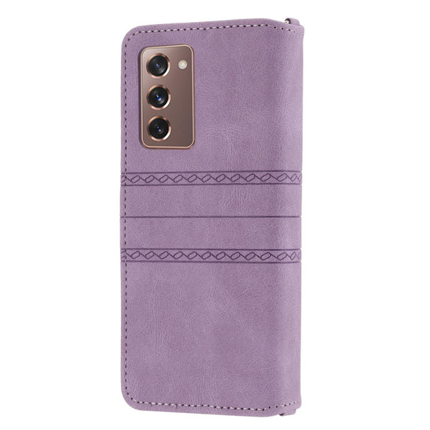 Samsung Galaxy Z Fold2 5G Embossed Striped Magnetic Buckle PU + TPU Horizontal Flip Phone Leather Case(Purple)