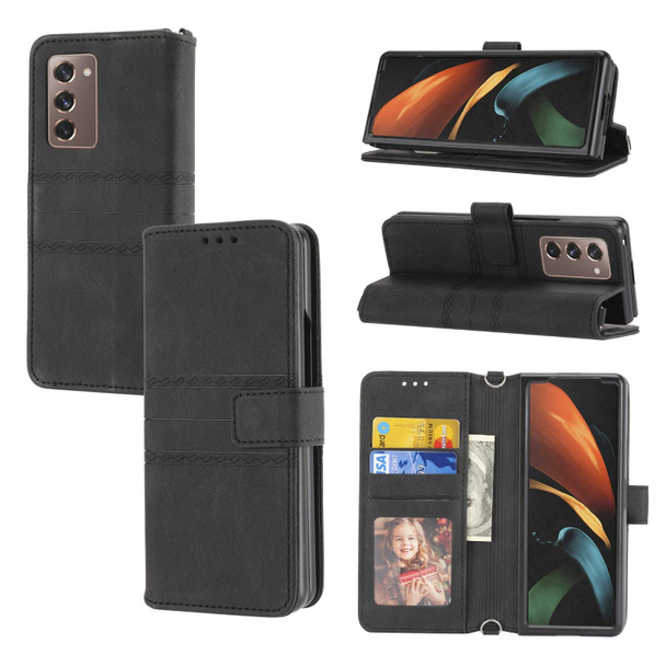 Samsung Galaxy Z Fold2 5G Embossed Striped Magnetic Buckle PU + TPU Horizontal Flip Phone Leather Case(Black)