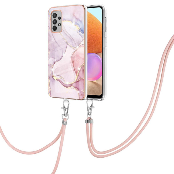 Samsung Galaxy A32 4G EU Version Electroplating Marble Pattern IMD TPU Shockproof Case with Neck Lanyard(Rose Gold 005)