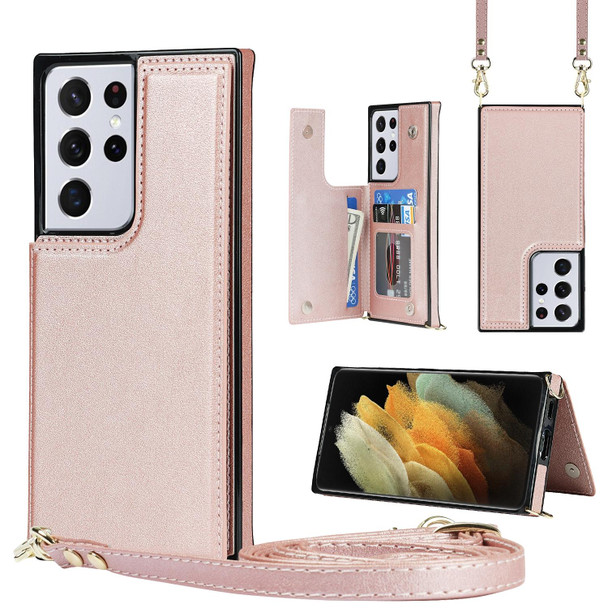 Samsung Galaxy S21 Ultra 5G Cross-body Square Double Buckle Flip Card Bag TPU+PU Case with Card Slots & Wallet & Photo & Strap(Rose Gold)