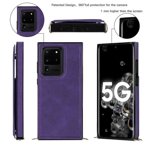 Samsung Galaxy S20 Ultra Cross-body Square Double Buckle Flip Card Bag TPU+PU Case with Card Slots & Wallet & Photo & Strap(Purple)