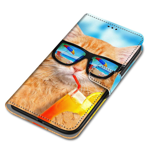 Samsung Galaxy A22 4G Coloured Drawing Cross Texture Horizontal Flip PU Leather Case with Holder & Card Slots & Wallet & Lanyard(Cat Drinking Soda)
