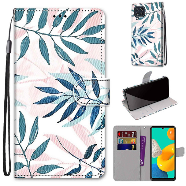 Samsung Galaxy M32 4G / F22 Coloured Drawing Cross Texture Horizontal Flip PU Leather Case with Holder & Card Slots & Wallet & Lanyard(Pink Green Leaf)