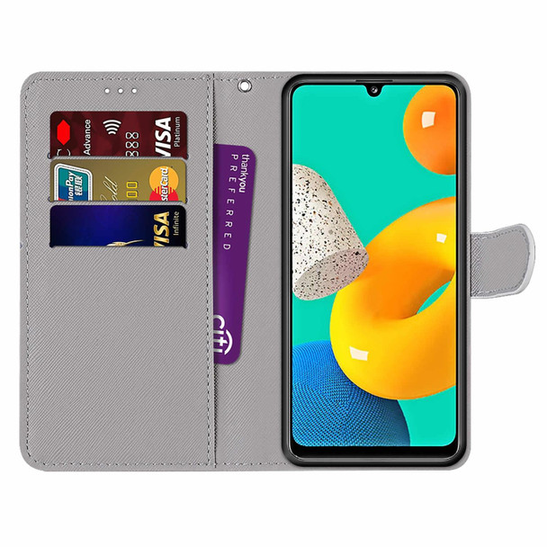 Samsung Galaxy M32 4G / F22 Coloured Drawing Cross Texture Horizontal Flip PU Leather Case with Holder & Card Slots & Wallet & Lanyard(Pink Green Leaf)