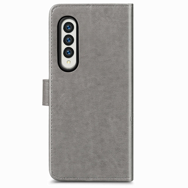 Samsung Galaxy Z Fold3 5G Four-leaf Clasp Embossed Buckle Mobile Phone Protection Leather Case with Lanyard & Card Slot & Wallet & Bracket Function(Grey)