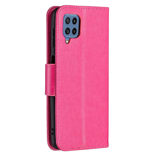 Samsung Galaxy M32 Embossing Two Butterflies Pattern Horizontal Flip PU Leather Case with Holder & Card Slot & Wallet & Lanyard(Rose Red)