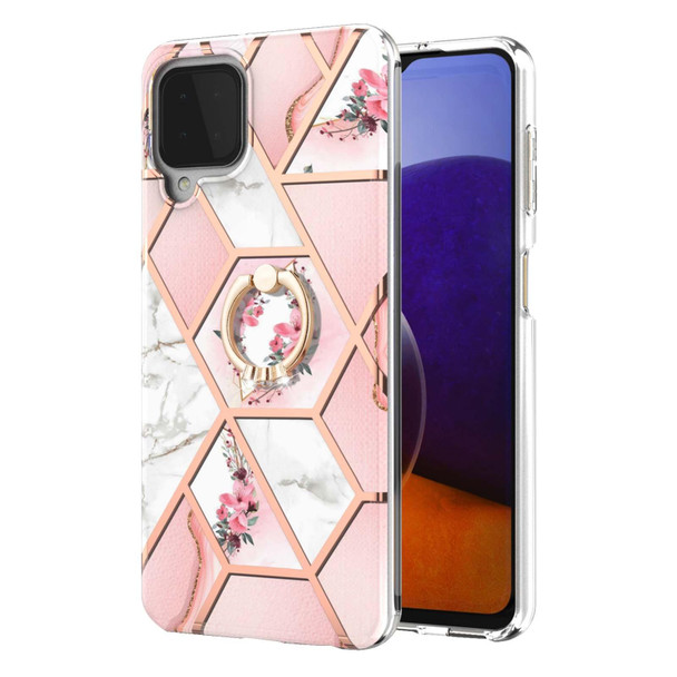 Samsung Galaxy A22 4G EU Version Electroplating Splicing Marble Flower Pattern TPU Shockproof Case with Rhinestone Ring Holder(Pink Flower)