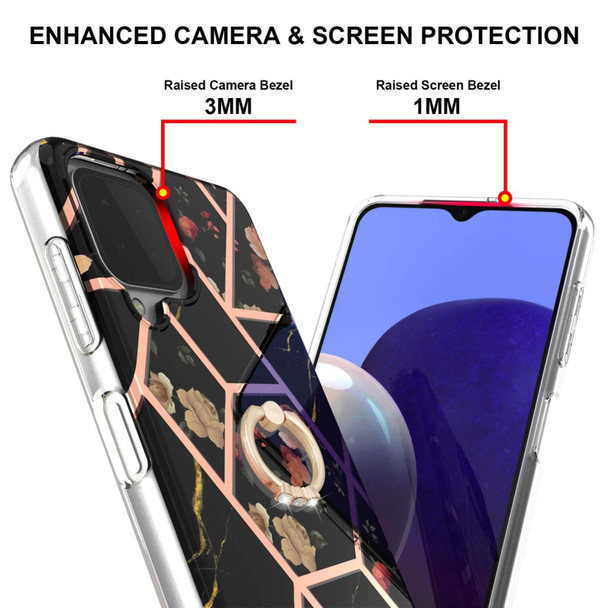 Samsung Galaxy A22 4G EU Version Electroplating Splicing Marble Flower Pattern TPU Shockproof Case with Rhinestone Ring Holder(Black Flower)