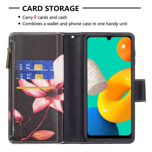 Samsung Galaxy M32 Colored Drawing Pattern Zipper Horizontal Flip Leather Case with Holder & Card Slots & Wallet(Lotus)