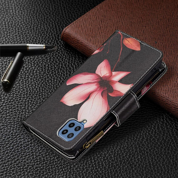 Samsung Galaxy M32 Colored Drawing Pattern Zipper Horizontal Flip Leather Case with Holder & Card Slots & Wallet(Lotus)