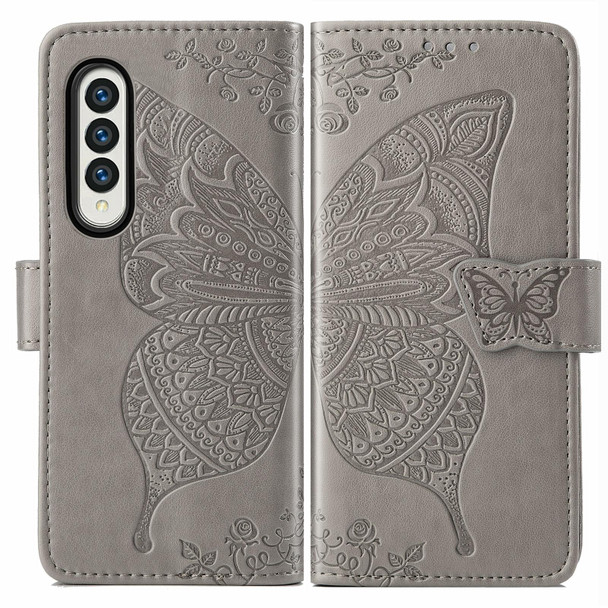 Samsung Galaxy Z Fold3 Butterfly Love Flowers Embossed Horizontal Flip Leather Case with Holder & Card Slots & Wallet & Lanyard(Gray)