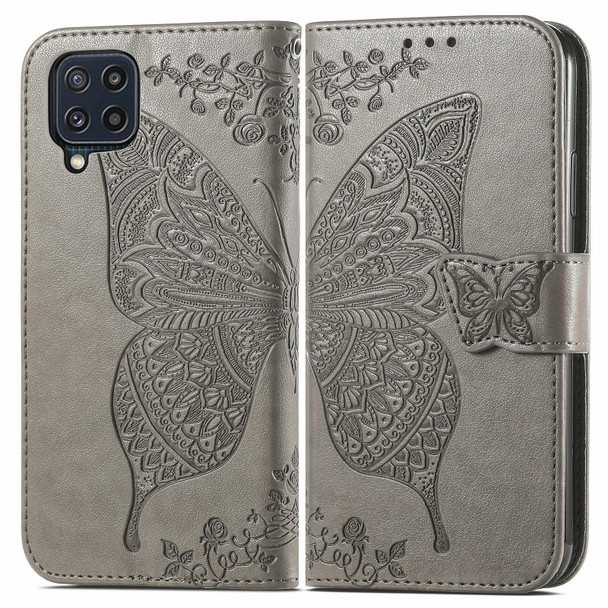 Samsung Galaxy M32 Butterfly Love Flowers Embossed Horizontal Flip Leather Case with Holder & Card Slots & Wallet & Lanyard(Gray)