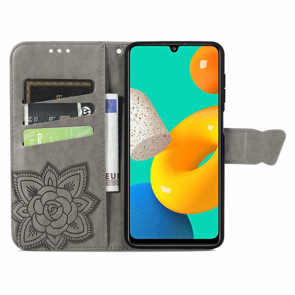 Samsung Galaxy M32 Butterfly Love Flowers Embossed Horizontal Flip Leather Case with Holder & Card Slots & Wallet & Lanyard(Gray)