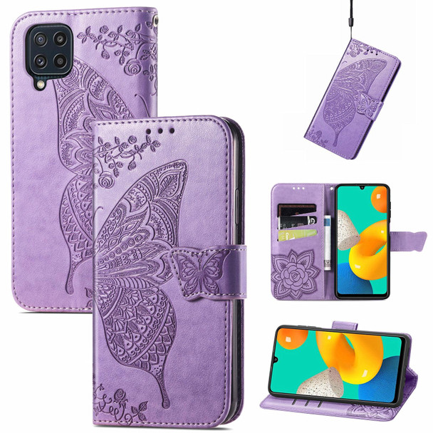 Samsung Galaxy M32 Butterfly Love Flowers Embossed Horizontal Flip Leather Case with Holder & Card Slots & Wallet & Lanyard(Light Purple)