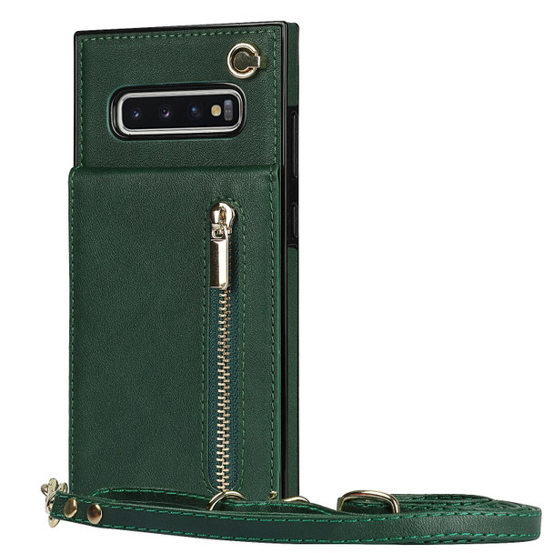 Samsung Galaxy S10 Cross-body Zipper Square TPU+PU Back Cover Case with Holder & Card Slots & Wallet & Strap(Green)