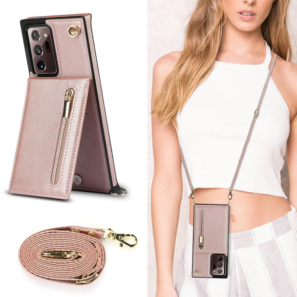 Samsung Galaxy Note20 Ultra Cross-body Zipper Square TPU+PU Back Cover Case with Holder & Card Slots & Wallet & Strap(Rose Gold)