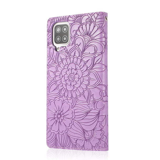 Samsung Galaxy A12 Skin Feel Embossed Sunflower Horizontal Flip Leather Case with Holder & Card Slots & Wallet & Lanyard(Purple)