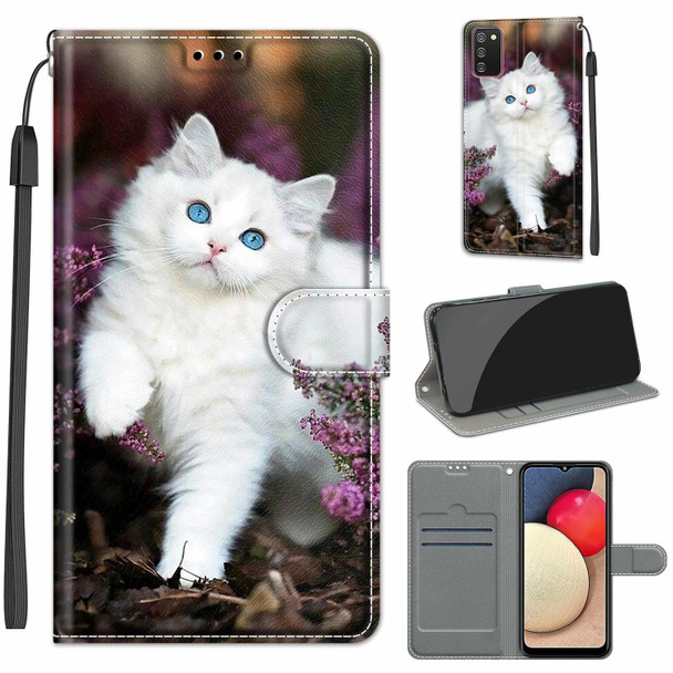 Samsung Galaxy A02s / M02s Voltage Colored Drawing Magnetic Clasp Horizontal Flip PU Leather Case with Holder & Card Slots(C08 Flower Bush Big White Cat)