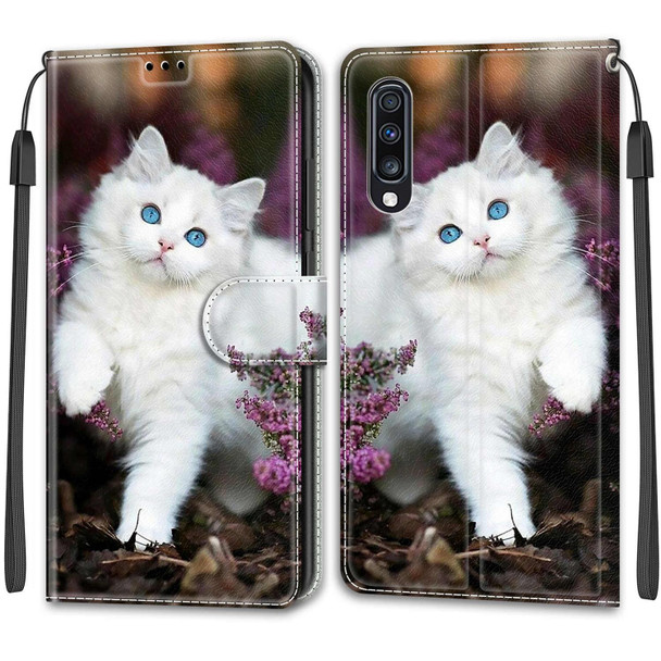 Samsung Galaxy A70 Voltage Colored Drawing Magnetic Clasp Horizontal Flip PU Leather Case with Holder & Card Slots(C08 Flower Bush Big White Cat)