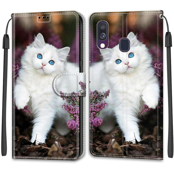 Samsung Galaxy A40 Voltage Colored Drawing Magnetic Clasp Horizontal Flip PU Leather Case with Holder & Card Slots(C08 Flower Bush Big White Cat)