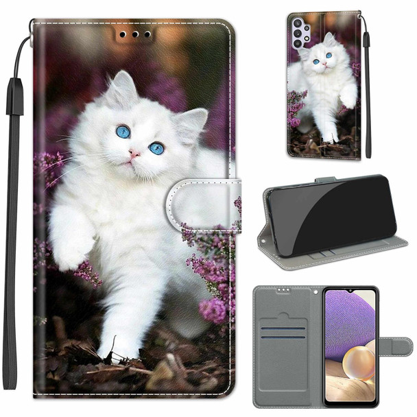 Samsung Galaxy A32 5G Voltage Colored Drawing Magnetic Clasp Horizontal Flip PU Leather Case with Holder & Card Slots(C08 Flower Bush Big White Cat)