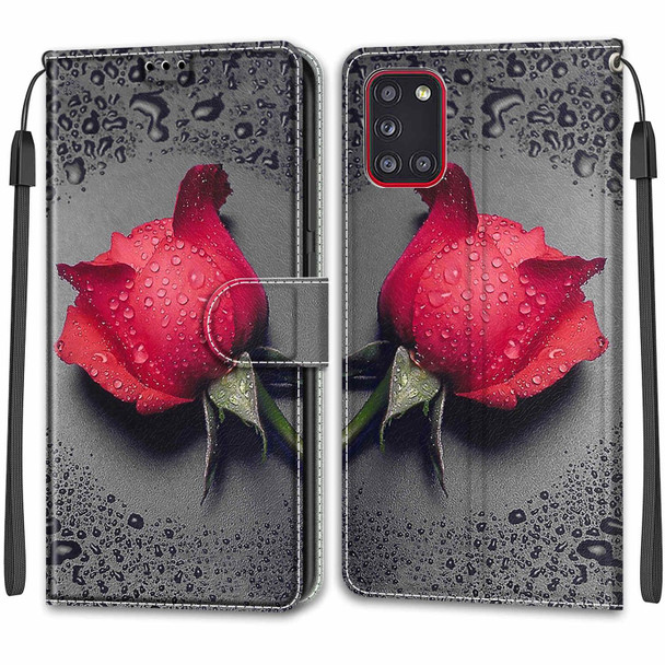 Samsung Galaxy A31 Voltage Colored Drawing Magnetic Clasp Horizontal Flip PU Leather Case with Holder & Card Slots(C14 Black Water Drop Rose)