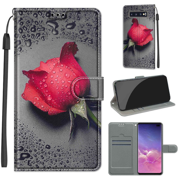 Samsung Galaxy S10+ Voltage Colored Drawing Magnetic Clasp Horizontal Flip PU Leather Case with Holder & Card Slots(C14 Black Water Drop Rose)