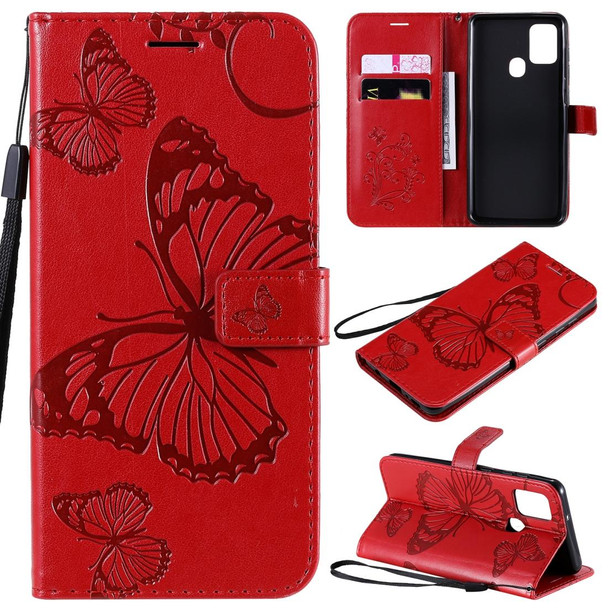 Samsung Galaxy A21s 3D Butterflies Embossing Pattern Horizontal Flip Leather Case with Holder & Card Slot & Wallet(Red)