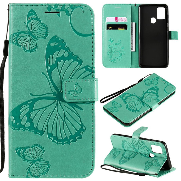 Samsung Galaxy A21s 3D Butterflies Embossing Pattern Horizontal Flip Leather Case with Holder & Card Slot & Wallet(Green)