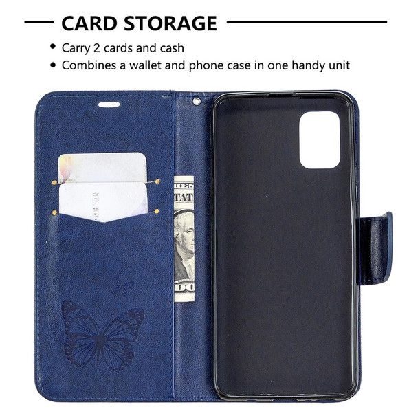 Samsung Galaxy A31 Two Butterflies Embossing Pattern Horizontal Flip Leather Case with Holder & Card Slot & Wallet & Lanyard(Dark Blue)