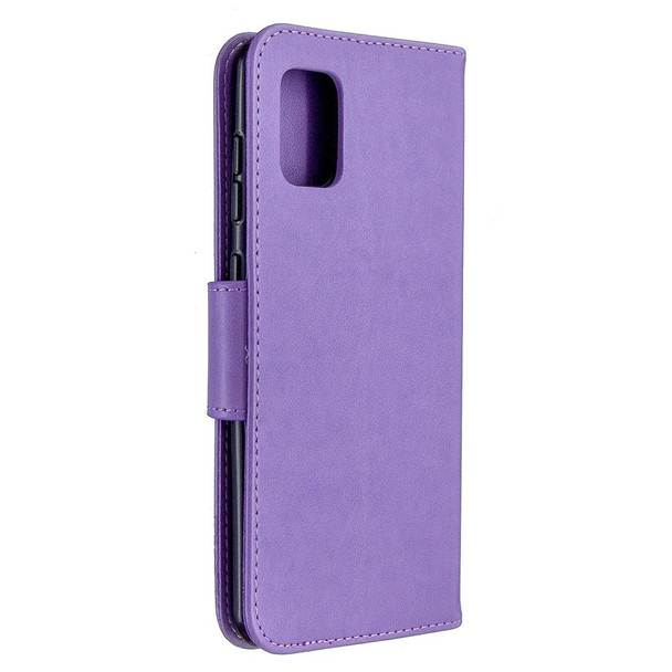 Samsung Galaxy A31 Two Butterflies Embossing Pattern Horizontal Flip Leather Case with Holder & Card Slot & Wallet & Lanyard(Purple)