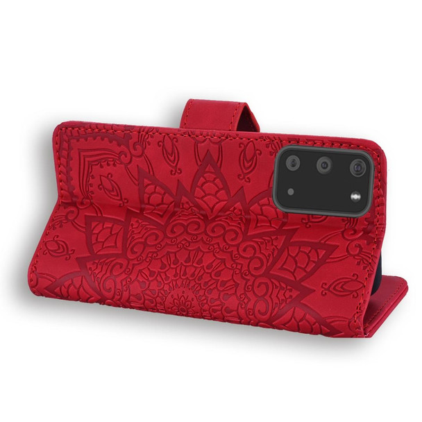 Embossed Sunflower Pattern Horizontal Flip PU Leatherette Case with Holder & Card Slots & Wallet & Lanyard(Red)