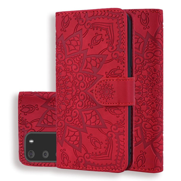 Embossed Sunflower Pattern Horizontal Flip PU Leatherette Case with Holder & Card Slots & Wallet & Lanyard(Red)