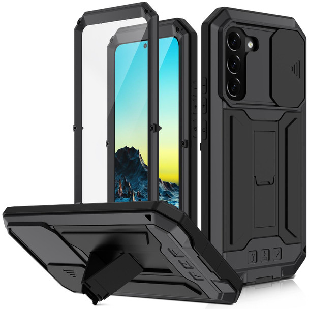Samsung Galaxy S22 5G R-JUST Sliding Camera Metal + Silicone Holder Phone Case(Black)