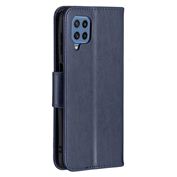 Samsung Galaxy M32 Embossing Two Butterflies Pattern Horizontal Flip PU Leather Case with Holder & Card Slot & Wallet & Lanyard(Dark Blue)