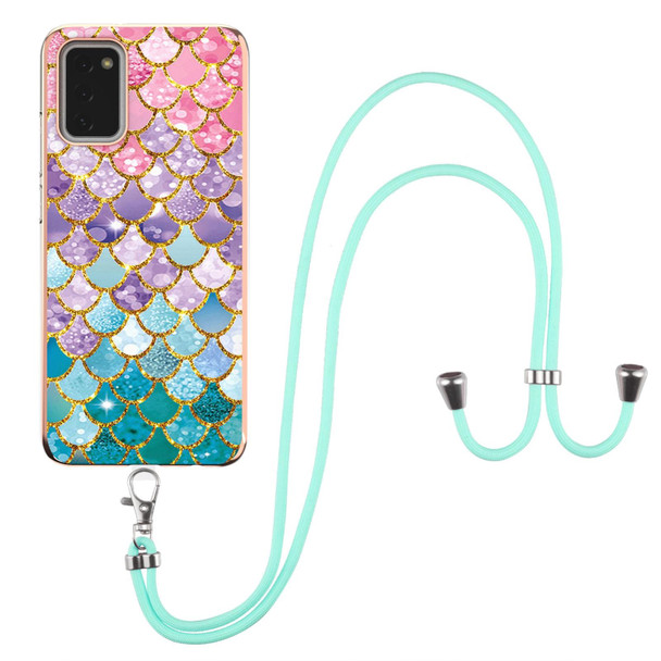 Samsung Galaxy A02s EU Version Electroplating Pattern IMD TPU Shockproof Case with Neck Lanyard(Colorful Scales)