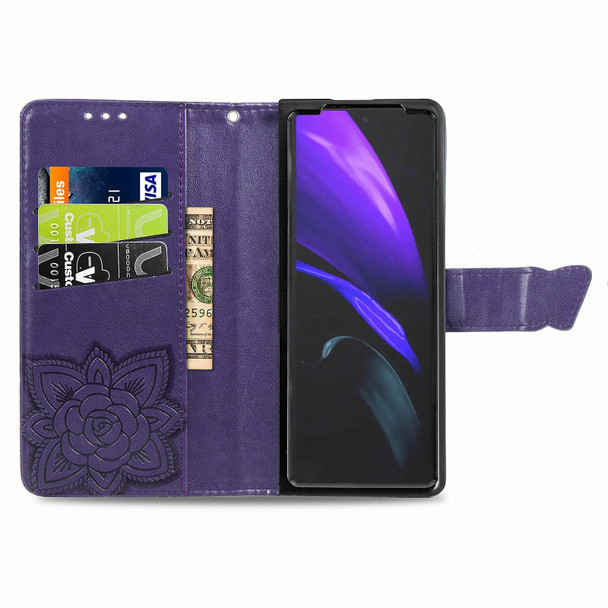 Samsung Galaxy Z Fold3 Butterfly Love Flowers Embossed Horizontal Flip Leather Case with Holder & Card Slots & Wallet & Lanyard(Dark Purple)