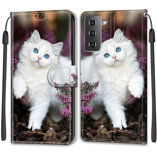 Samsung Galaxy S21+ 5G Voltage Colored Drawing Magnetic Clasp Horizontal Flip PU Leather Case with Holder & Card Slots(C08 Flower Bush Big White Cat)