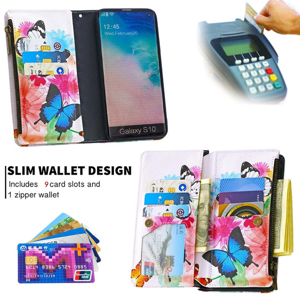 Samsung Galaxy S10 Colored Drawing Pattern Zipper Horizontal Flip Leather Case with Holder & Card Slots & Wallet(Two Butterflies)